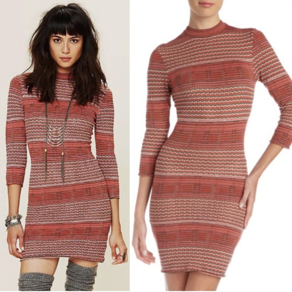 FREE PEOPLE Groovy Autumn Red Knit Sweater Fitted Bodycon Mini Dress Size L